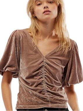 Free People Taupe Velvet Ruched V-Neck Puff Sleeve Top